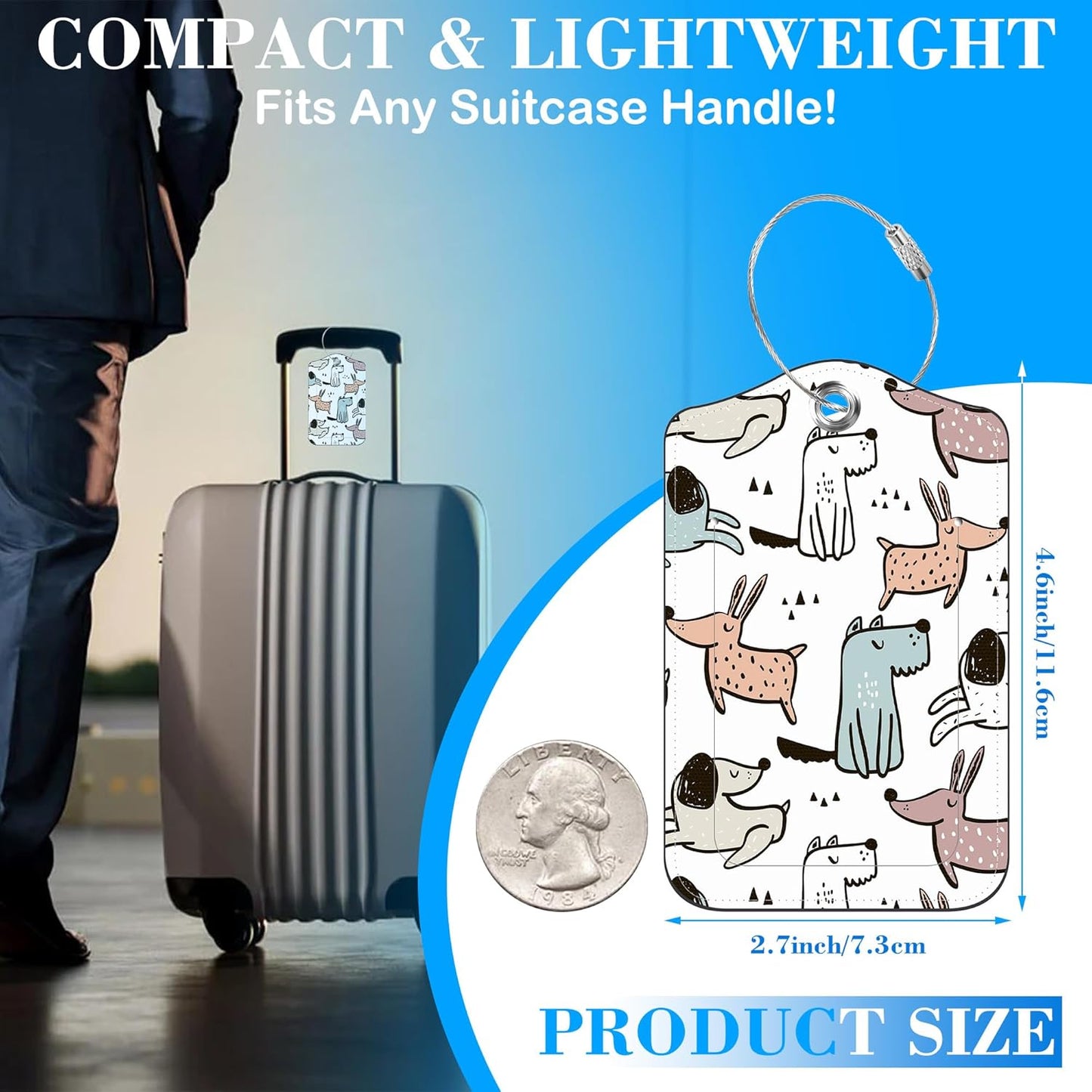 Cute Doodle Dogs Luggage Tags for Suitcases Leather Travel Tags for Luggage ID Label with Privacy Cover and Stainless Steel Loop for Men Women Suitcase Backpack, Set of 2