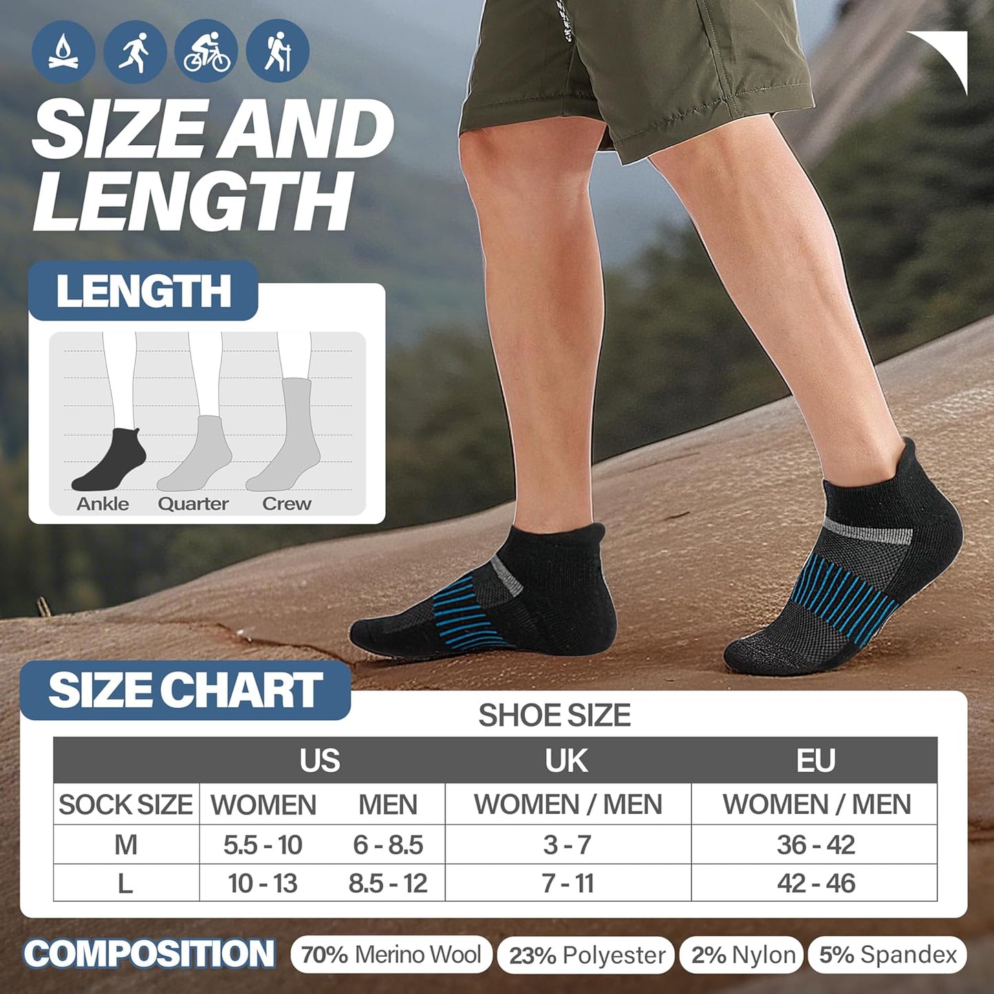 6 Pairs Merino Wool Ankle Running Hiking Socks Compression Support Breathable Thick Cushion No Show