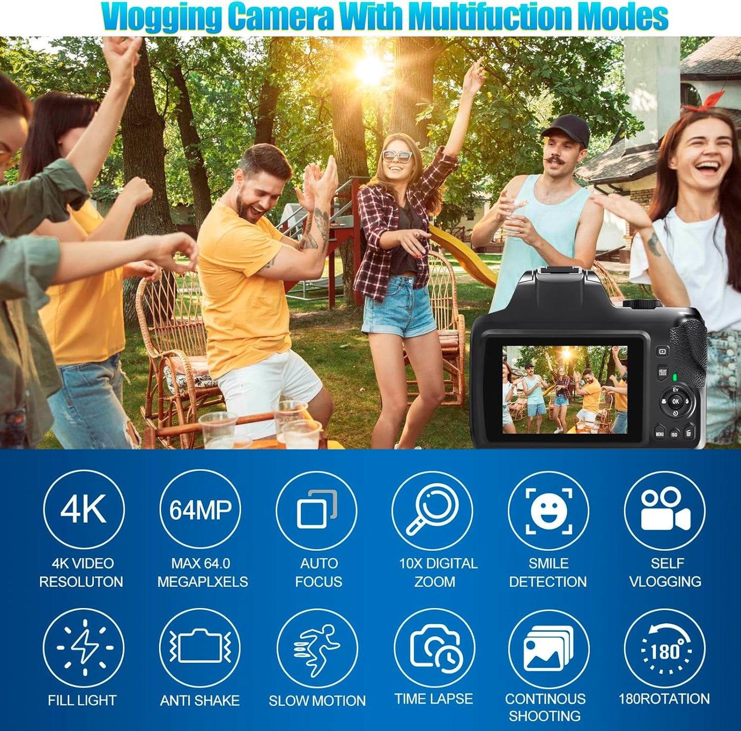 4K Digital Camera for Photography with WiFi, 10X Optical Zoom Vlogging Camera for YouTube 64MP Autofocus Compact Camera with 64GB SD Card 2 Batteries, USB Card Reader & Charging Stand