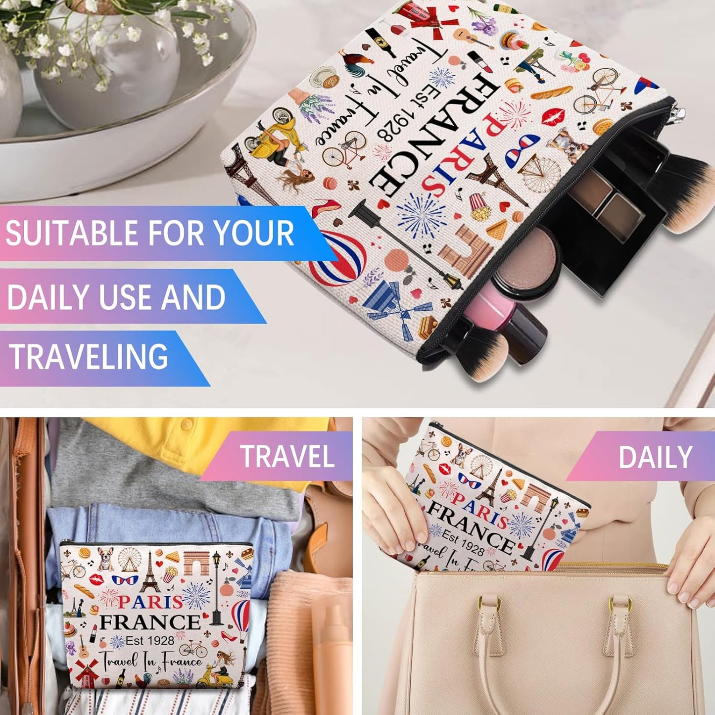 Paris Travel Gifts for Women Makeup Bag, Paris City Themed Souvenirs Cosmetic Bag, Zipper Pouch