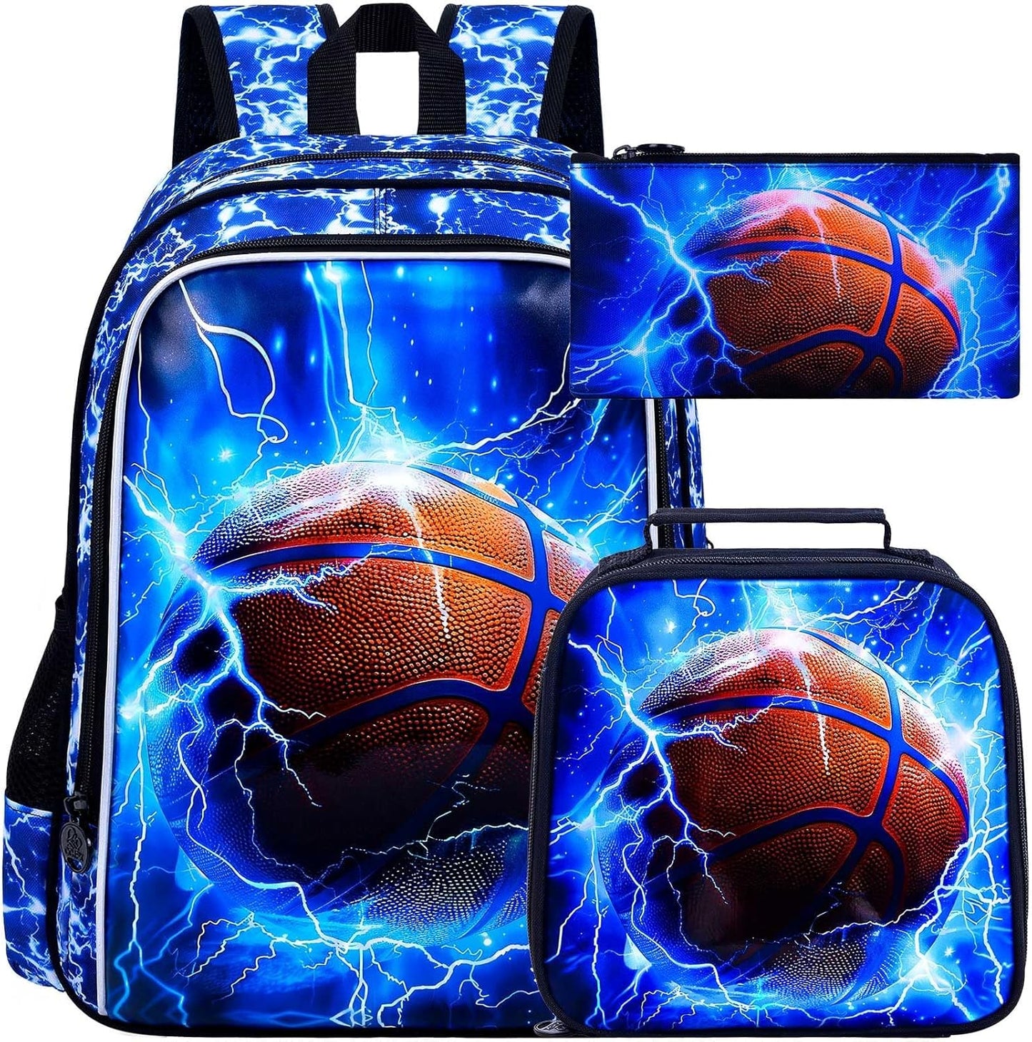 UFNDC 3PCS Kids Basketball Backpack, Boys Lightning School Bag with Lunch Box, 17" Water Resistant Bookbag for Teenagers Elementary Middle