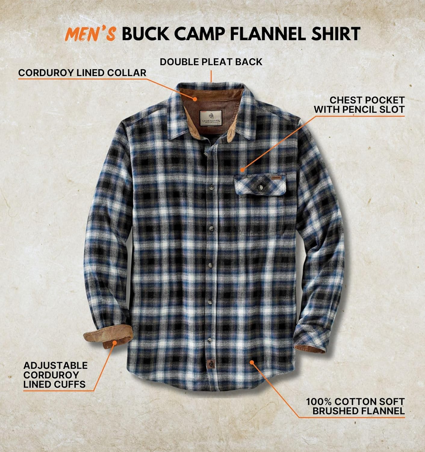 Legendary Whitetails Men's Flannel Shirt Long Sleeve Button Down 100% Cotton