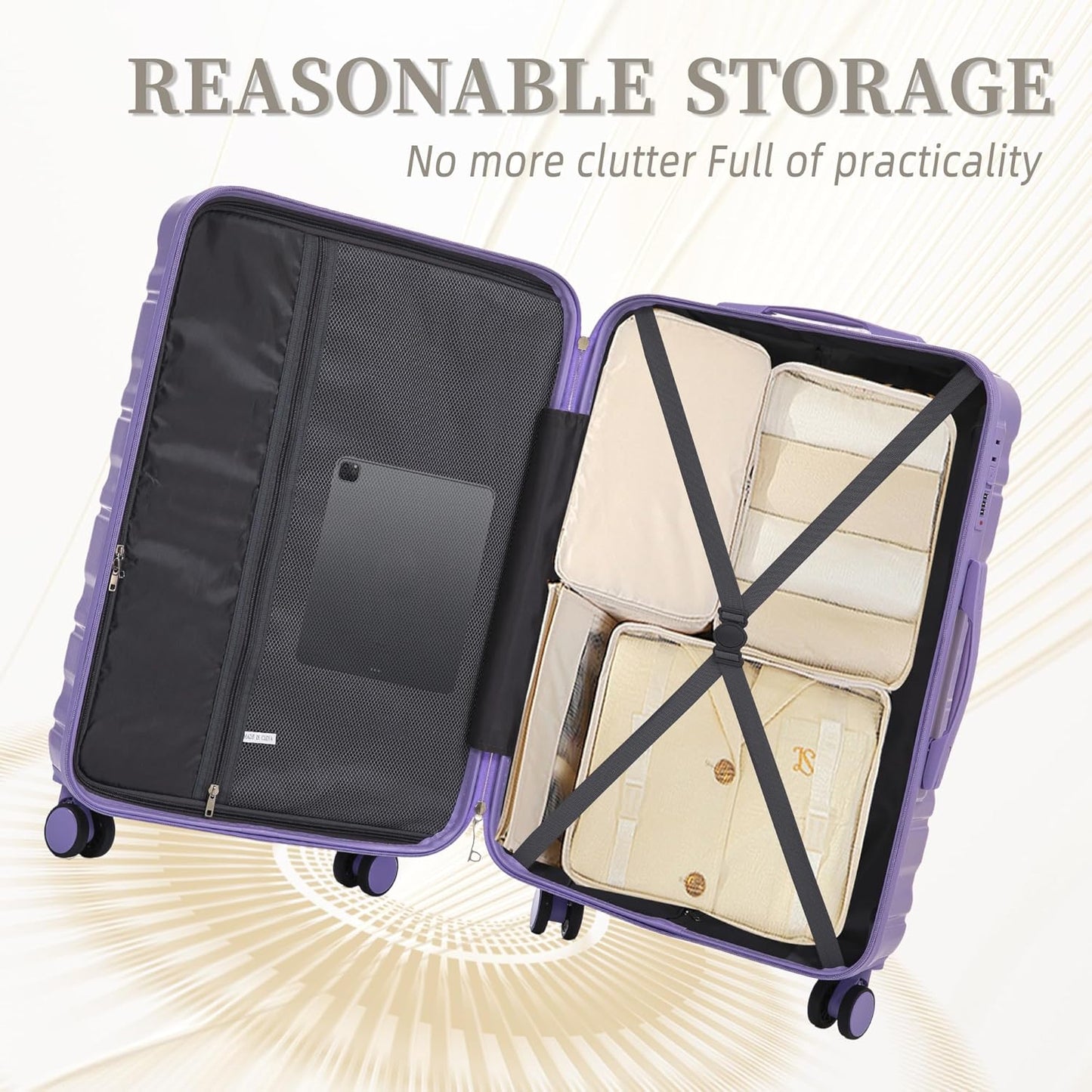 Campfun 3 Piece Luggage Sets, ABS Suitcase Set with Double Spinner Wheels Hang Hook, Durable Carry On Luggage with Combination Lock, 20/24/28 inch, Purple