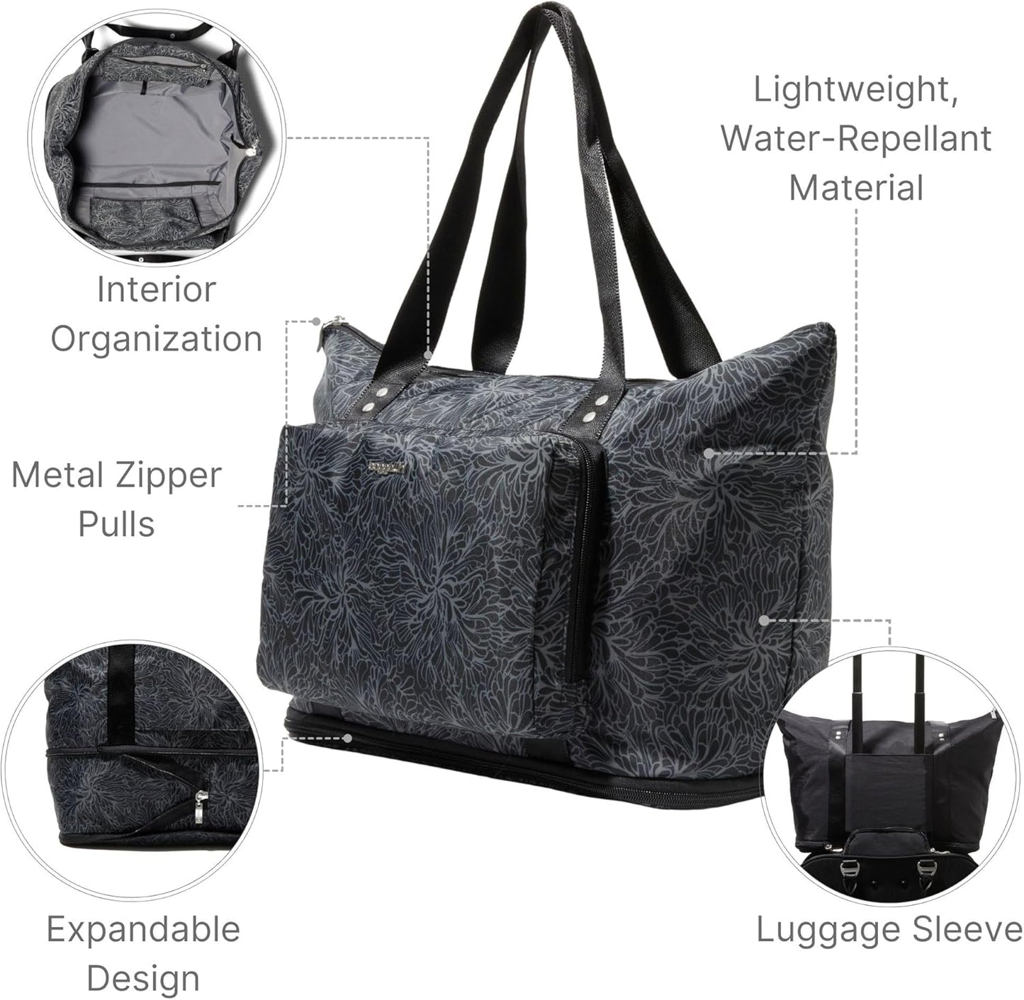 Baggallini Carryall Expandable Lightweight Travel Tote 22" Packable Folding Compact Nylon Washable Weekender w/Luggage Sleeve