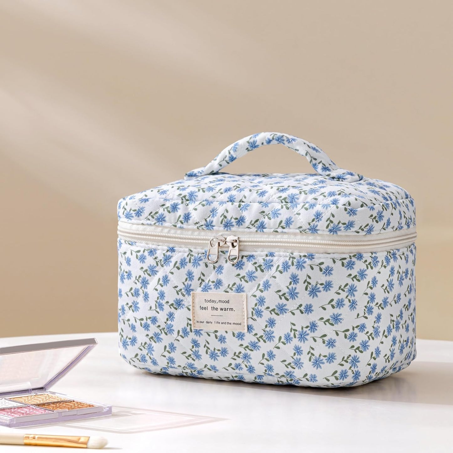 HBselect Quilted Makeup Bag, 3PCS Cotton Large Travel Makeup Bag, Cute Floral Coquette Make up Bag Cosmetic Bag Toiletry Bag for Women Girls