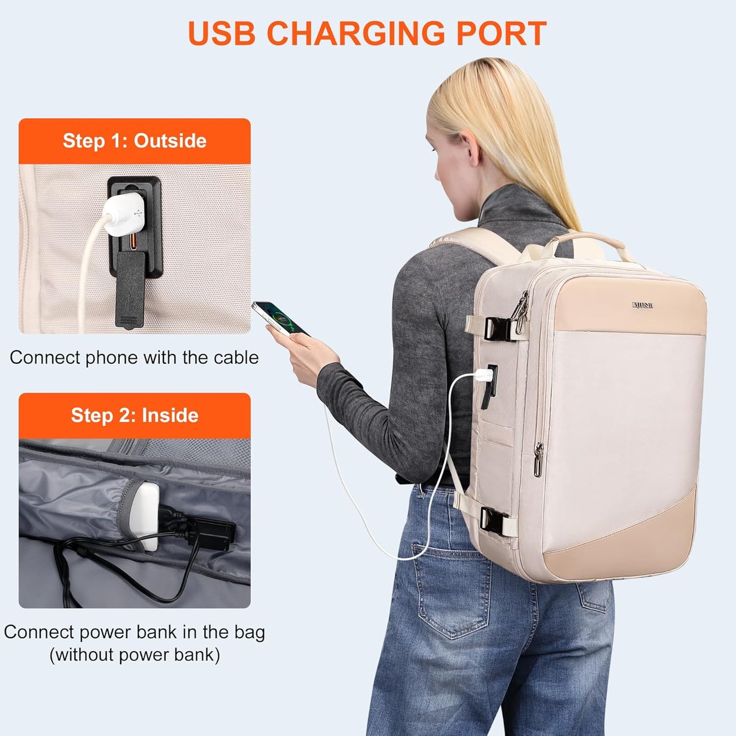 PIJUSHI Travel Backpack for Women Carry on Suitcase Backpack Flight Approved Personal Item Bag Fits 16 Inch Laptop(PE035 Beige)