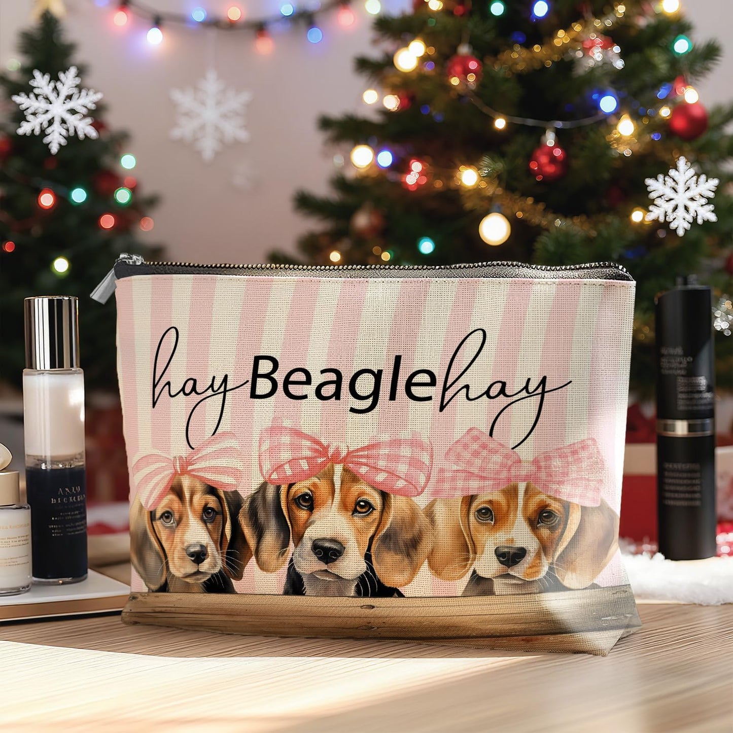 Coquette Pink Bow Beagle Makeup Bag Gifts for Women, Beagle Lovers Gifts Cosmetic Bag, Rustic Preppy Girly Dog Pink Striped Zipper Makeup Pouch Travel Toiletry Bag