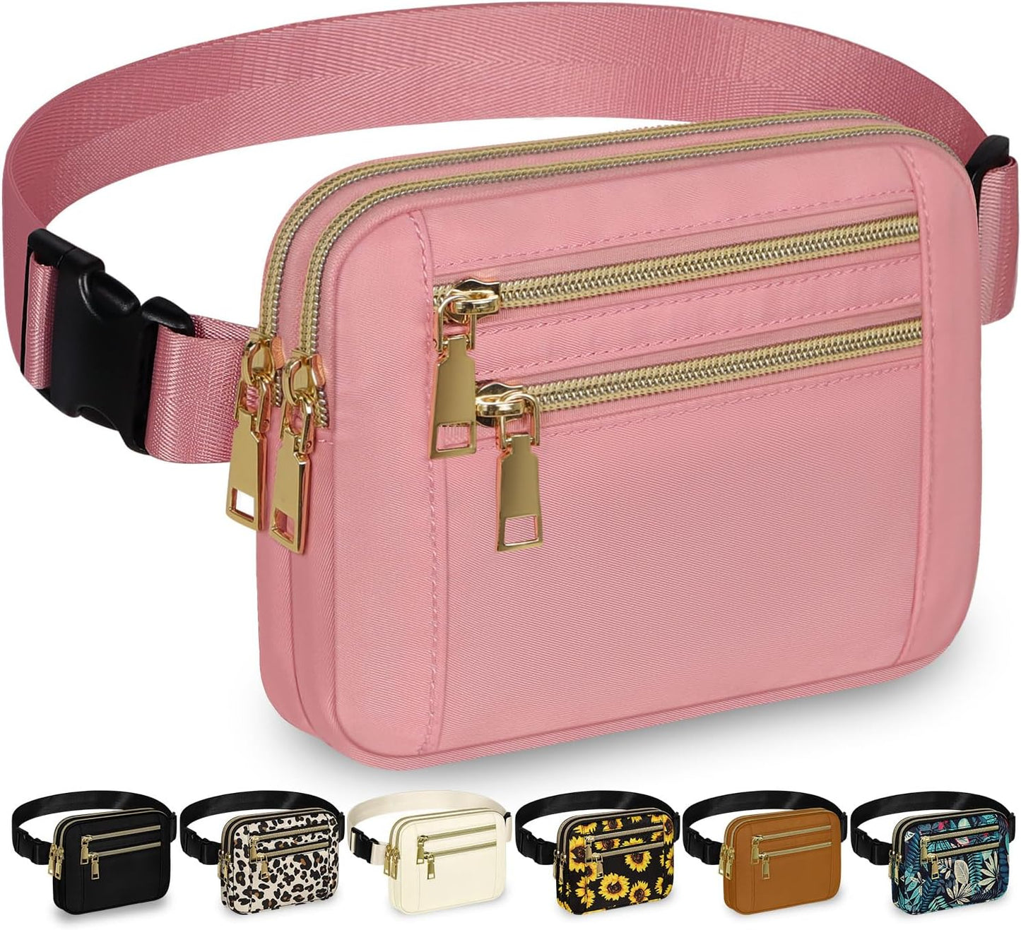 Capolo Fanny Packs for Women Fashion Waist Packs Bag with Adjustable Strap and 4 Zipper Pockets Waterproof Everywhere Crossbody Belt Bag for Workout Running Travelling(Pink, Large)