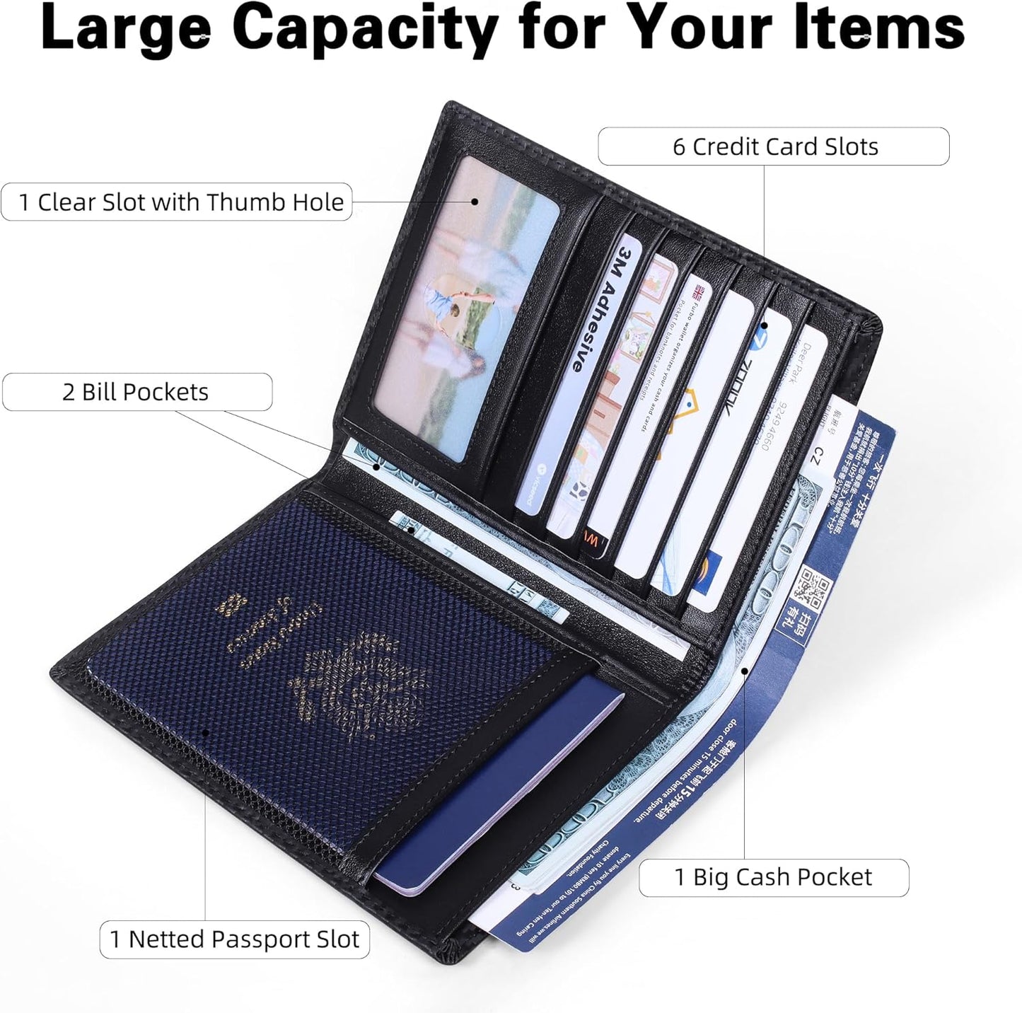 VISOUL Leather Travel Wallet with Passport Holder, Passport Cover Wallet with RFID Blocking for Men and Women-Carbon Black