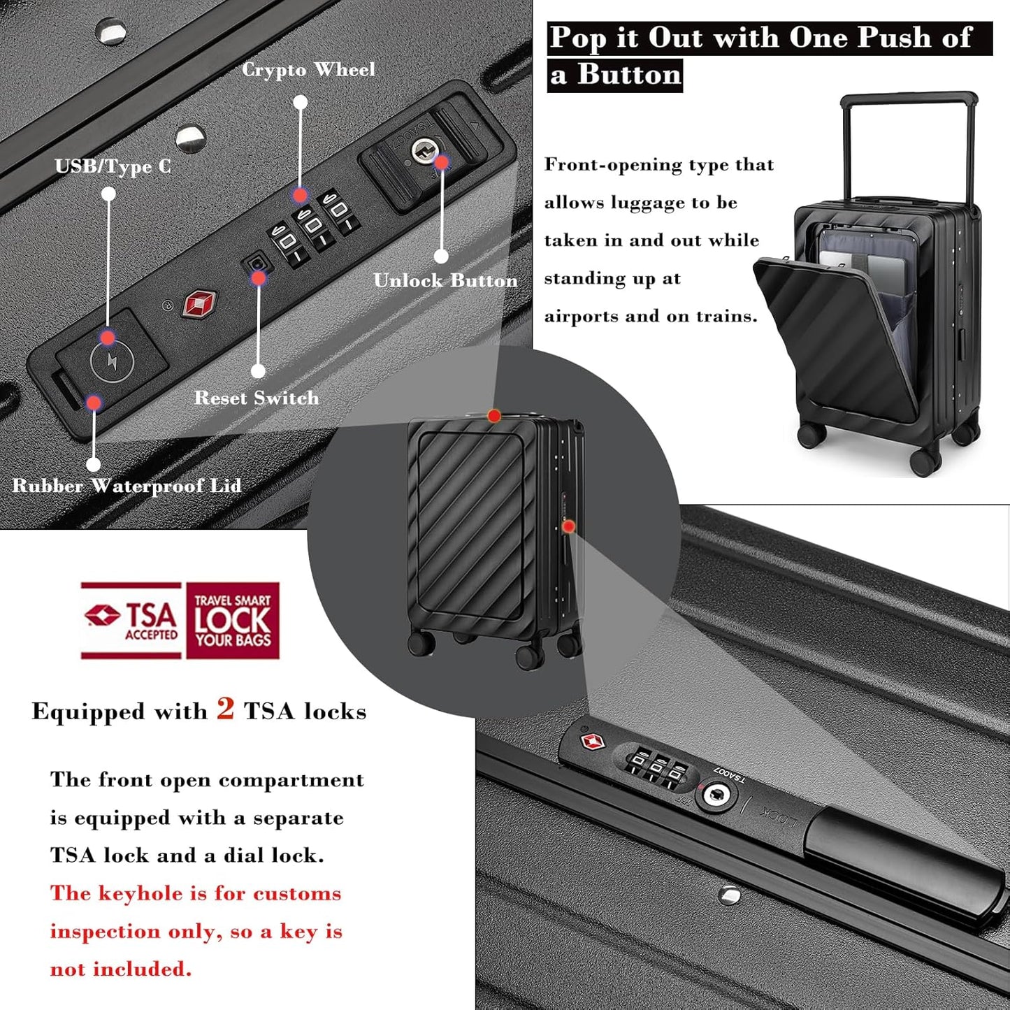 Somago Carry On Luggage Wide Handle 20 Inch Suitcase with Front Compartment Aluminum Framed PC Hardside 22x14x9 No Zipper Business Baggage with Spinner Wheels USB Charging Port TSA Lock (Black)