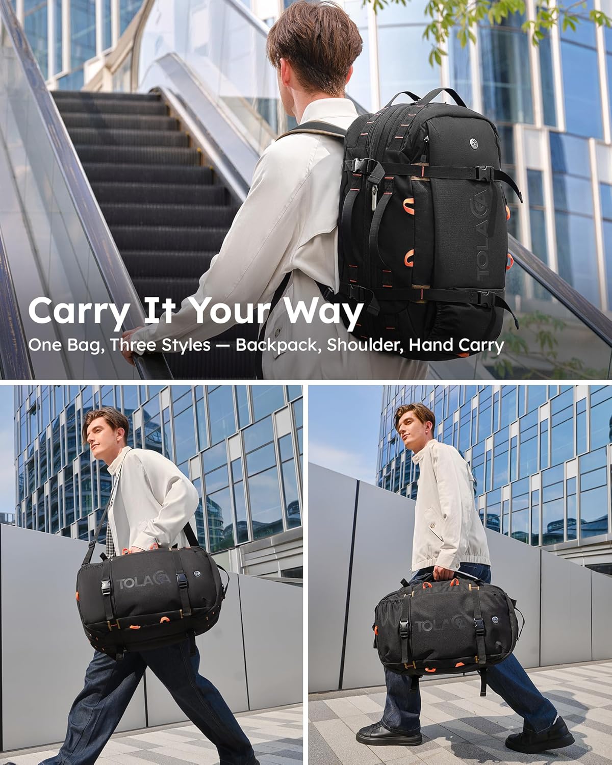 Tolaccea Travel Laptop Backpack, Large Carry on Backpack Flight Approved Convertible Duffle Luggage Bag Daypack Work Business Rucksack Fits 16" Laptop for Men Women 3 Carrying Ways, 40L-50L Expandable