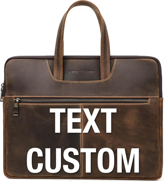 Top Grain Leather Text Customizable 15.4" Slim Laptop Briefcase Handbag, Vintage Handmade, Compatible with MacBook Pro/Air 13.3"/14.2"/15.4"/16" & Other Laptop/Tablet, Coffee 15.4 Inch