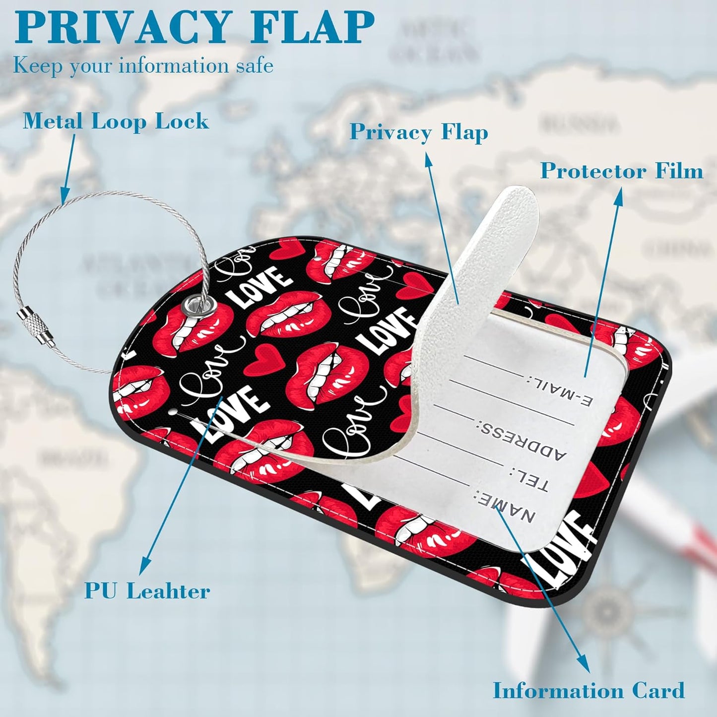 2 PCS Leather Luggage Tag for Suitcase Red Lips and Hearts Travel Suitcase Labels with Privacy Name ID Label and Stainless Steel Loop for Adults Teens Travel Bag Labels Set