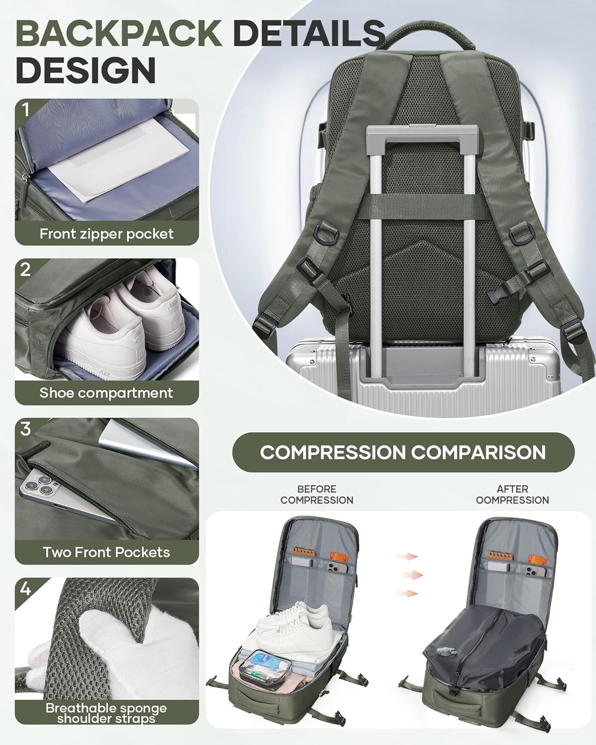 Vacuum Backpack Travel with Pump,Travel Backpack with Vacuum System, Shoe Compartment,United Airlines Personal Item Bag 17x10x9,Mochila compresion al vacio,Brown Green