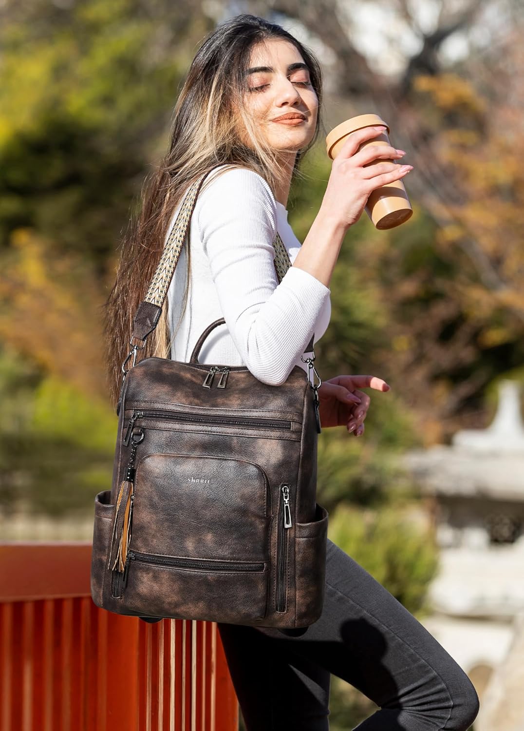 Shrrie Vegan Leather Laptop Backpack for Women 15.6 inch Work Backpack Fashion Travel Backpack Purse for Travel College Work