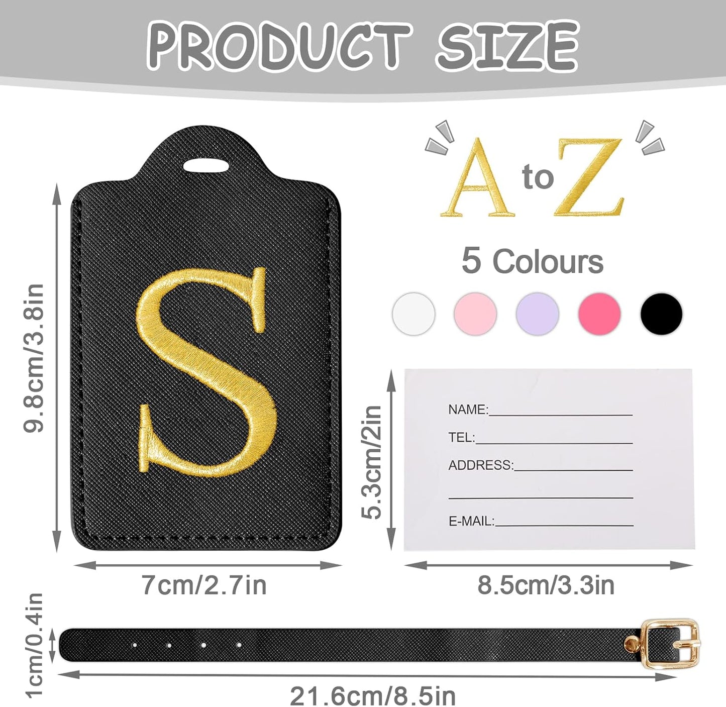 Personalized Initial Luggage Tags for Suitcases, Cute PU Leather Embroidered Letter Travel Luggage Tags, Suitcase Identifier Name Baggage Tag, Bag Tags for Men Women Kids Luggage Handbags(Black S)