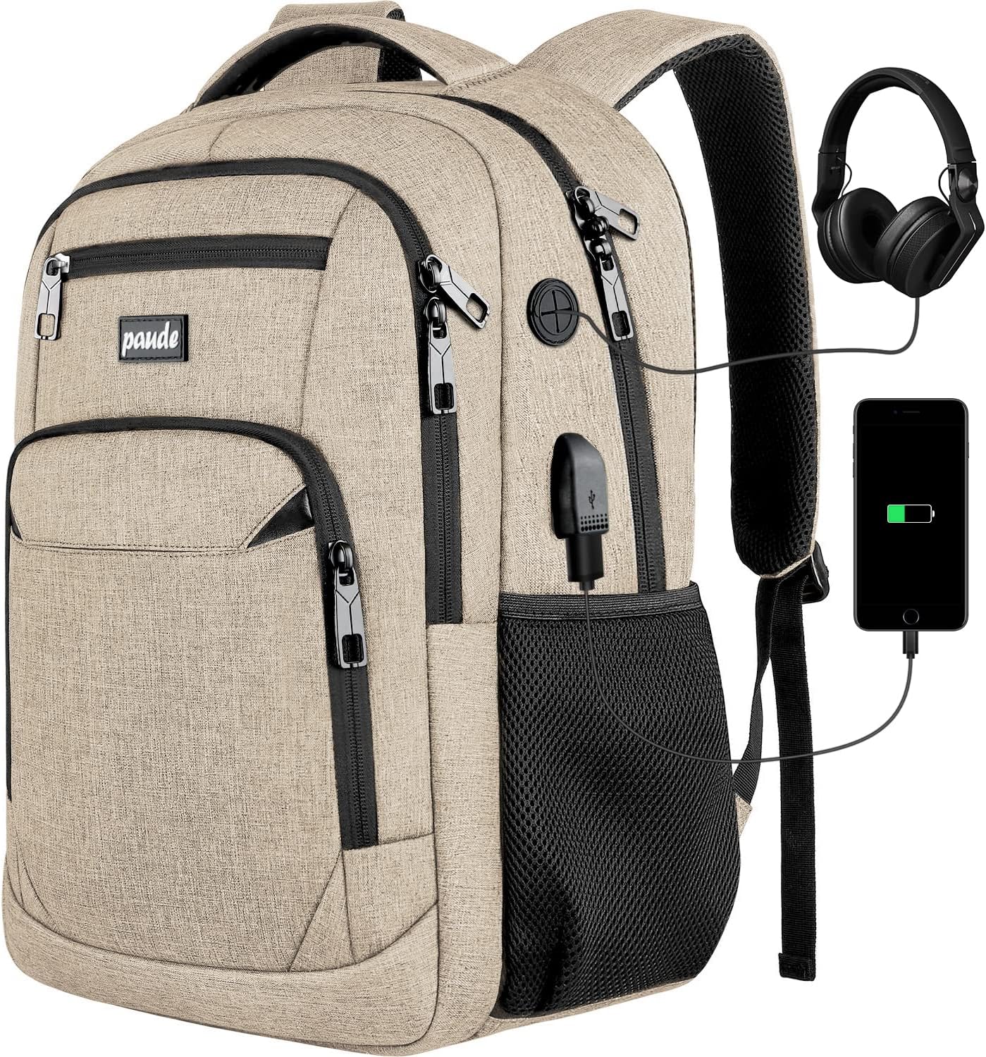 Paude Backpack for School, Laptop, Teens 17.3 Inch College Backpack for University, Business, Work, Travel - Beige