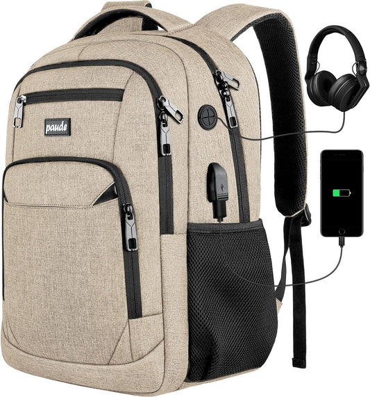 Paude Backpack for School, Laptop, Teens 17.3 Inch College Backpack for University, Business, Work, Travel - Beige