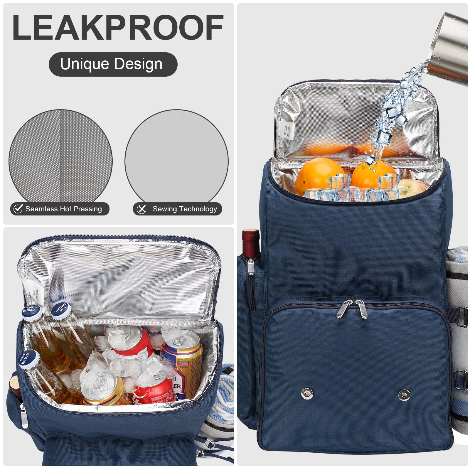 WICKERLAND Picnic Backpack for 4 Person w/Cooler & Waterproof Blanket,Blue
