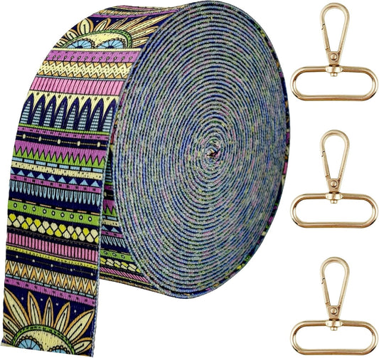 Printed Nylon Webbing Straps 1 1/2 inch 6 Yards Heavy Duty Patterned Fabric Luggage Handle Jacquard Ribbon with Buckle for Backpack Bags-Decorative Supplies-Clothing-Sewing (Bohemian Style)