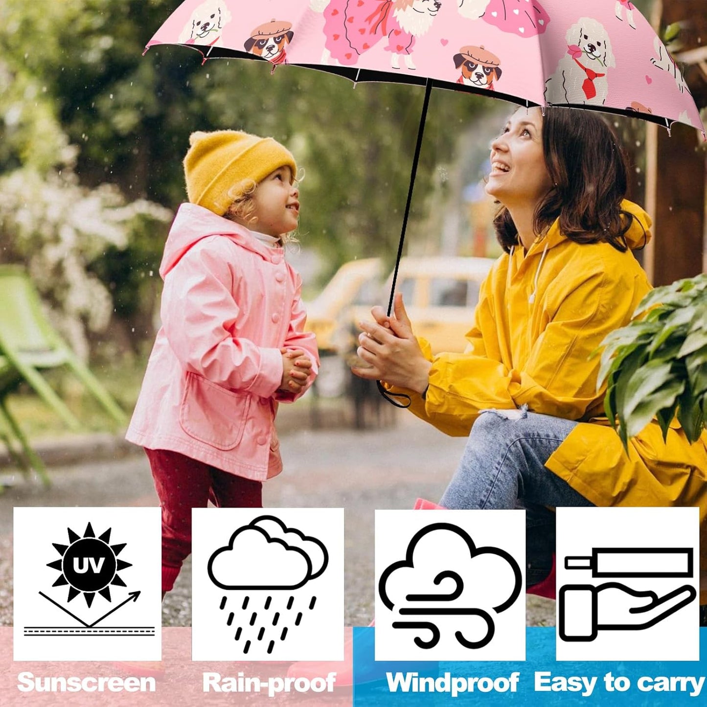 Small Travel Folding Umbrella for Girl, Portable, UV, SunShade, Compact, Automatic, Rain & Wind