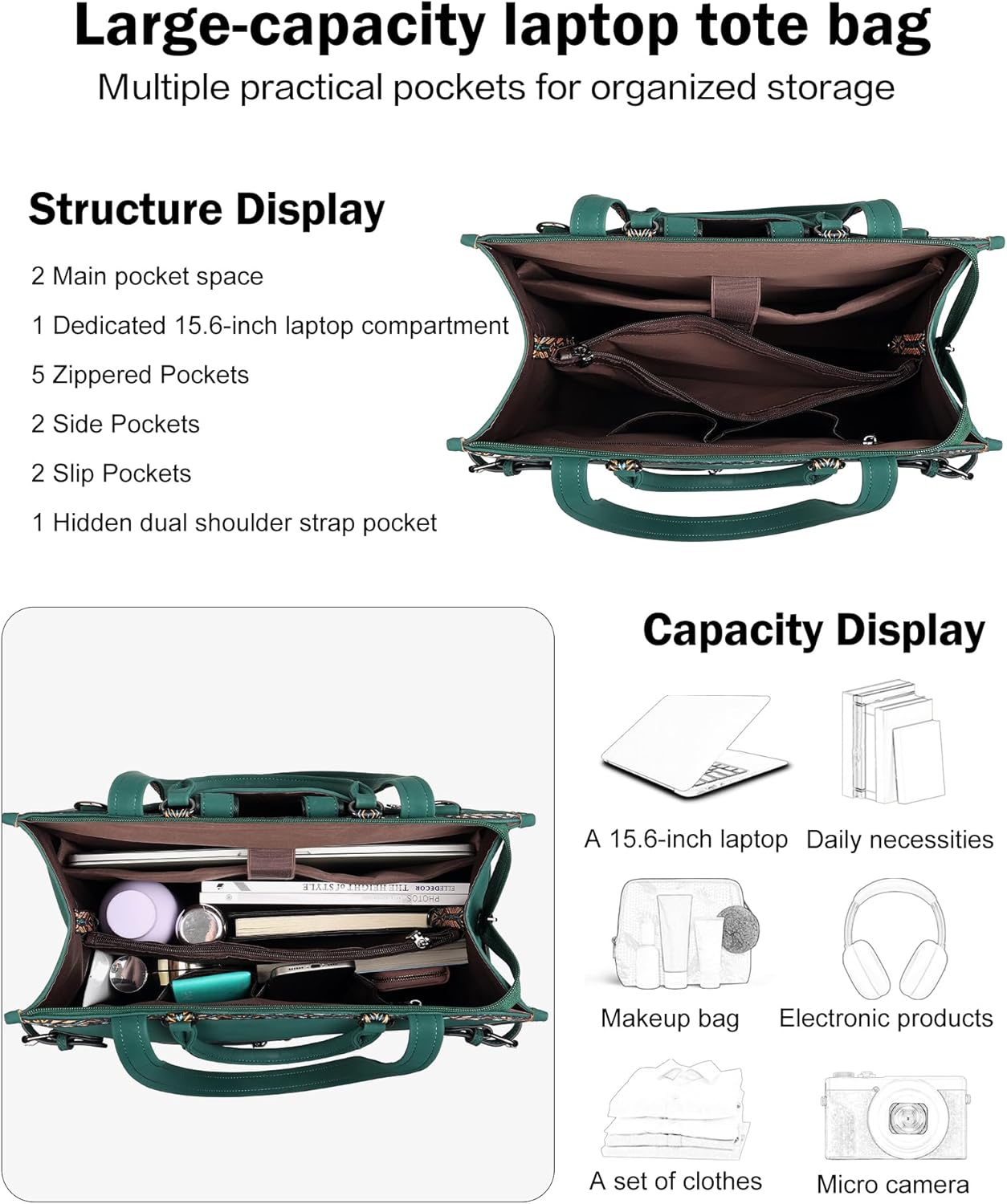 FADEON Laptop Bag for Women Designer PU Leather Large Tote Bags Backpack Purses with 15.6 Laptop Compartment Shoulder Handbag