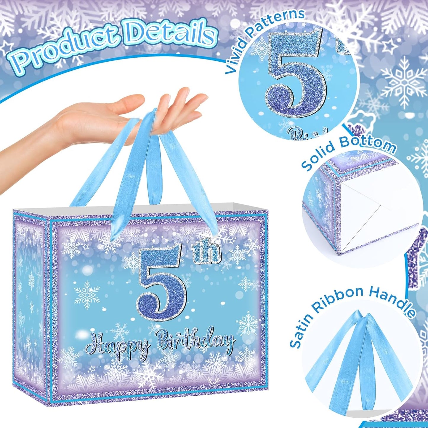 Frozen 5th Birthday Gift Bag for Girls, Large Purple Blue Snowflake Five Birthday Bags with Tissue Paper and Greeting Card Snow Frozen 5 Years Old Party Favor Bags for Girls 5th Bday Christmas Gift
