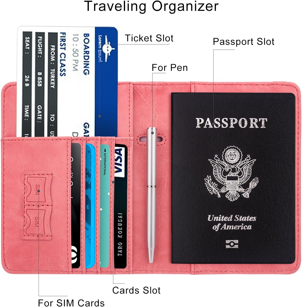 WALNEW Passport Holder for Travel, RFID Passport Cover Wallet for Women Men, PU Leather Passport Book Card Holder Case with Pen, Travelling Essentials for Flying