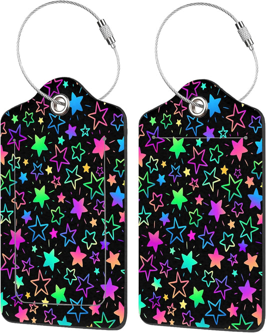 2 Pack Luggage Tags for Suitcases,Bright Neon Stars Luggage Tag,PU Leather Id Label Luggage Tags with Stainless Steel Loop and Privacy Cover for Women Men Teens Travel