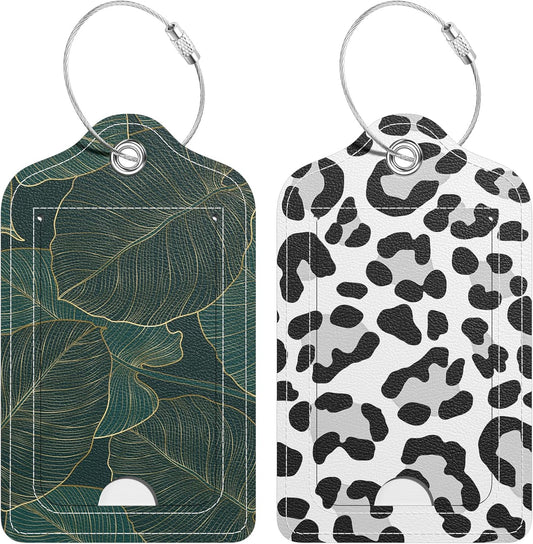 2 Pack PU Leather Luggage Tags for Suitcase, Travel Cruise Luggage Tag with Privacy Flap, Name ID Label and Metal Loop for Women Men Baggage Handbag School Bag Backpack, Leopard Leaves