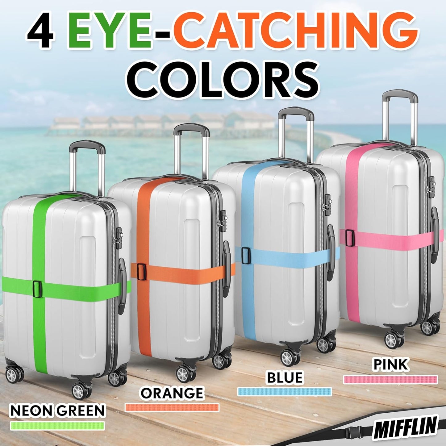 Luggage Straps - Mixed Color, 78" Long, 2 Inches Wide, 4 Pack - Adjustable Nylon Belt for Travel Suitcases & Bags - by Mifflin-USA