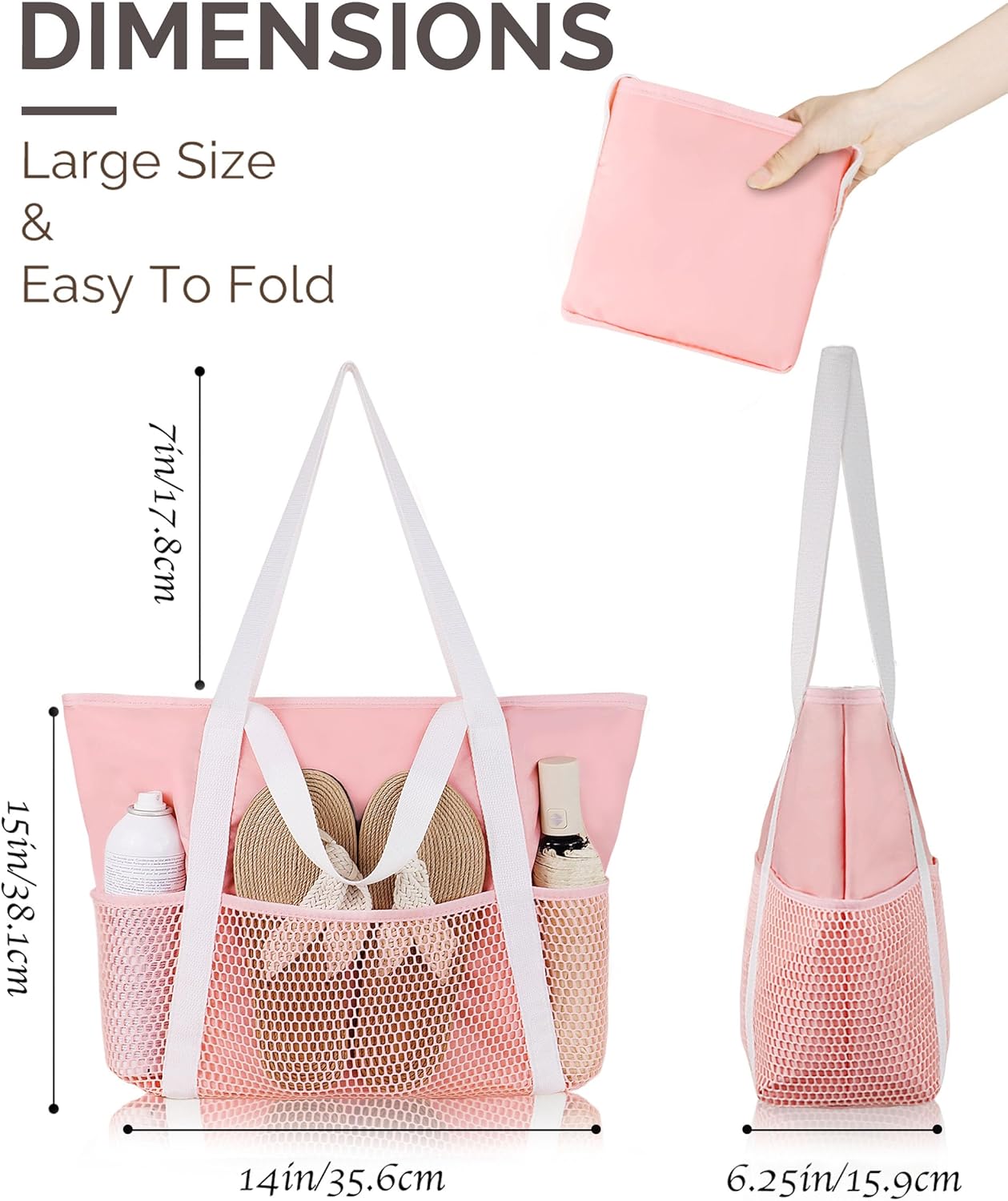 HOMESPON Beach Bag Large Waterproof Sandproof Foldable Tote for Women with Zipper Mesh Pockets for Pool Swim Travel Everyday