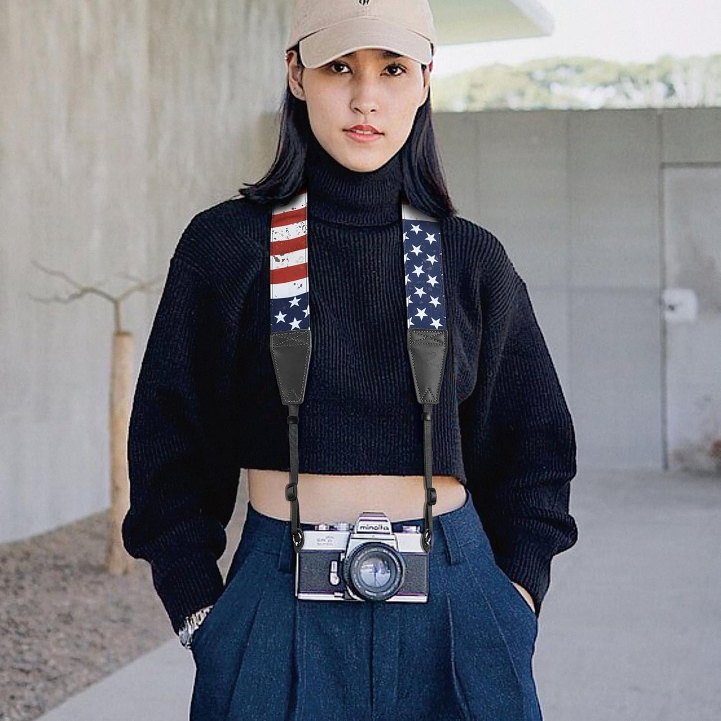 Padwa Lifestyle American Flag Print Camera Strap - 2" Full Grain Leather Ends, Vintage Flag Pattern Camera Straps for Photographers, Soft Chamois Velvet Padded Strap Quick Release fits All Cameras