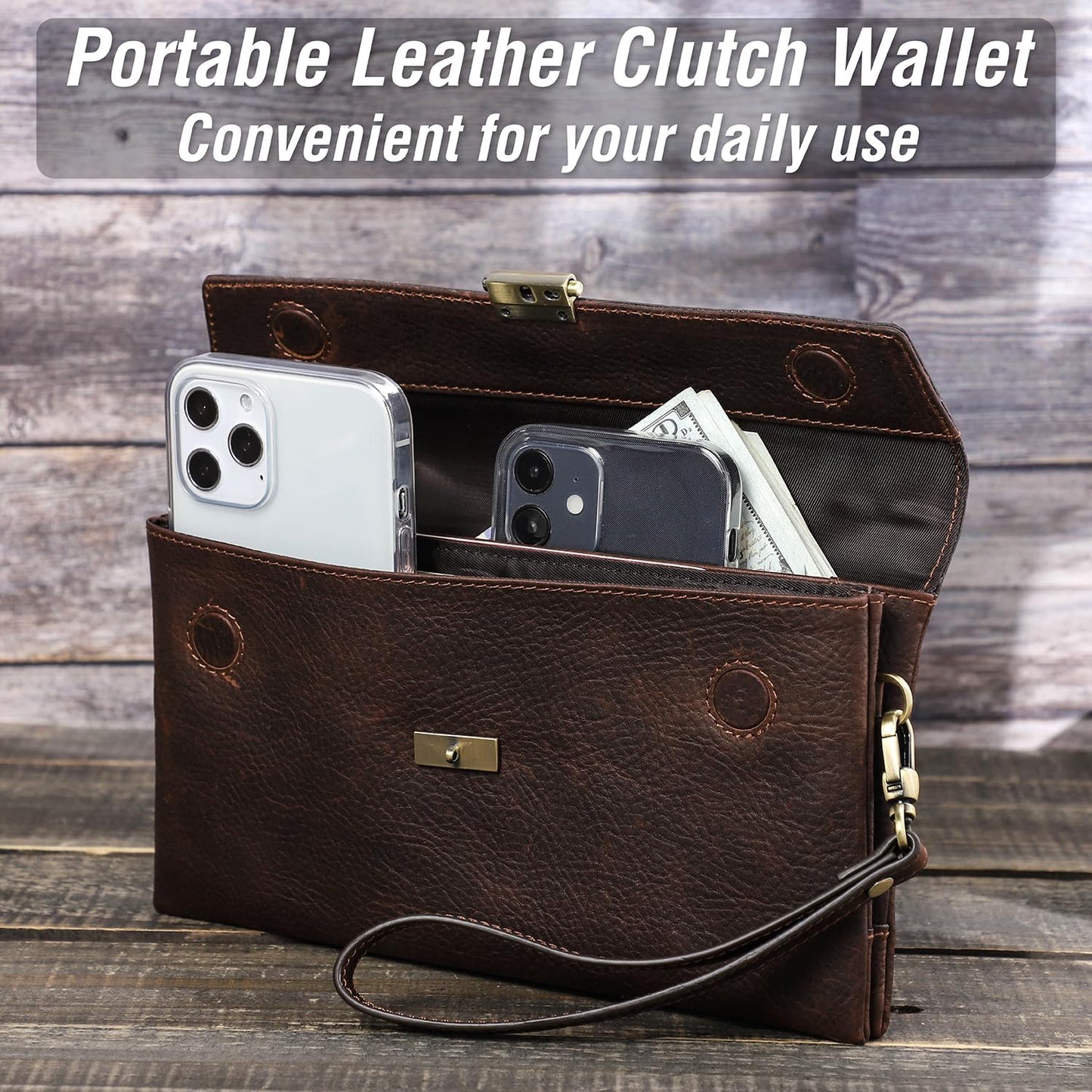 Top Grain Genuine Leather Clutch Wallet with Wristlet for Man & Woman, Handmade Retro Design, Magnetic Push Lock, Multi Pockets/Slots, RFID Large Capacity for Cards/Check/Cash/Coin/Passport, Red Brown