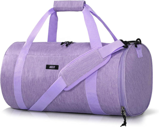 MIER Gym Bag Round Duffle Bag with Shoe Compartment & Wet Pocket, Lightweight Carry on Duffel for Men Women Workout Fitness Travel Sports, 24L, Purple