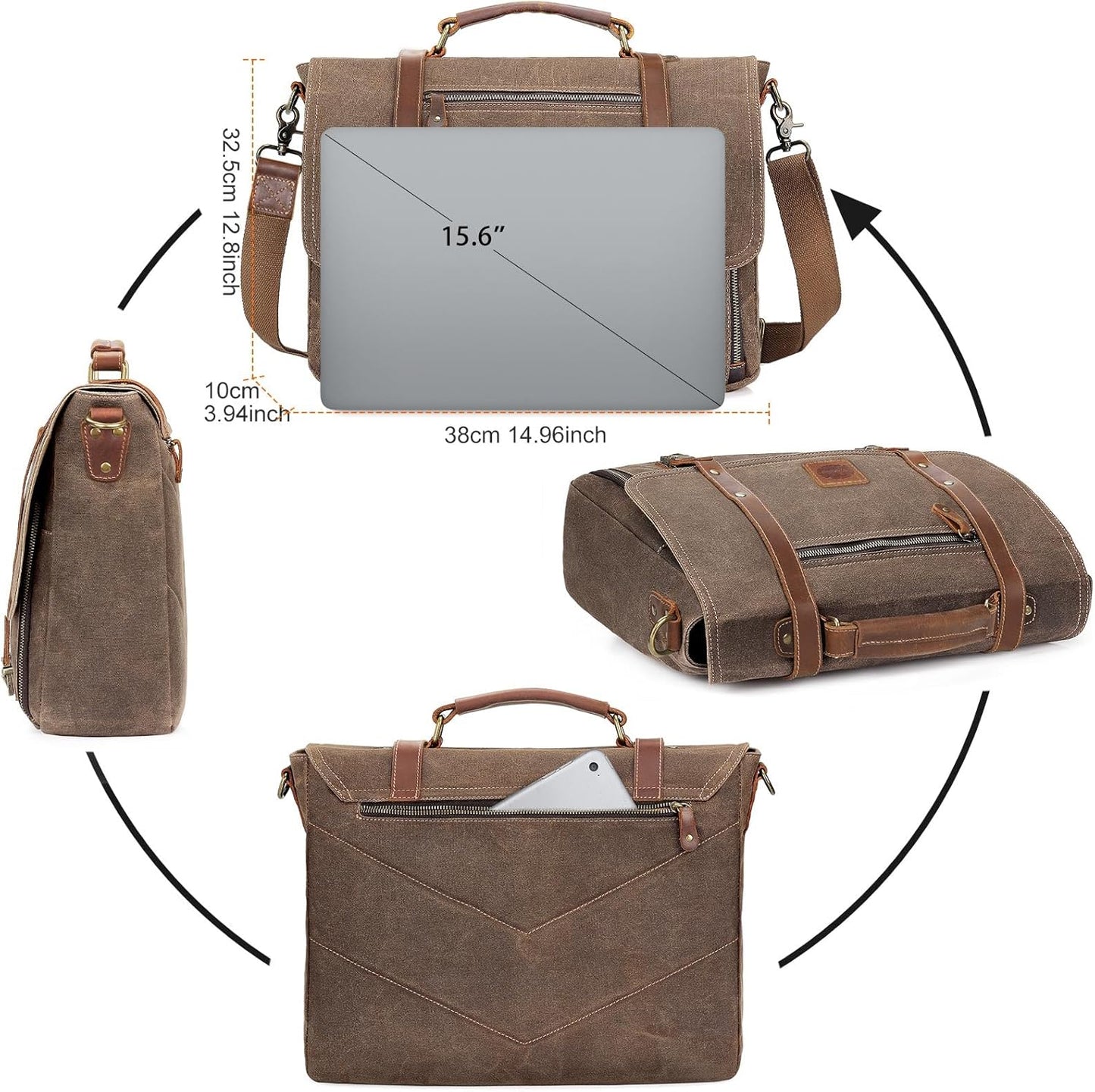Manificent Laptop Messenger bag for Mens 15.6 Inch, Waterproof Vintage Genuine Leather Mens Briefcase shoulder bag 16 Storage Pockets, Waxed Canvas Leather Computer Business Satchel Work Bag (Brown)