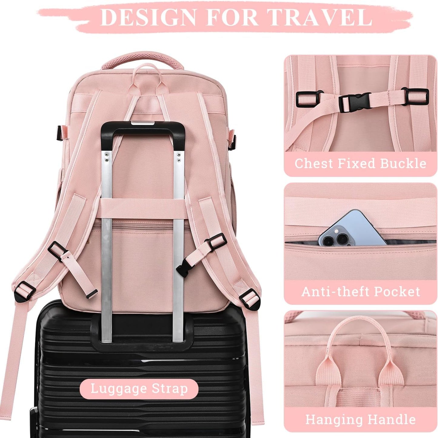 Large Travel Backpack for Women, 40L Travel Bag Personal Item Size, Laptop Backpacks, Waterproof Carry On Backpack with Packing Cubes for College Business Hiking Work Essentials, Pink