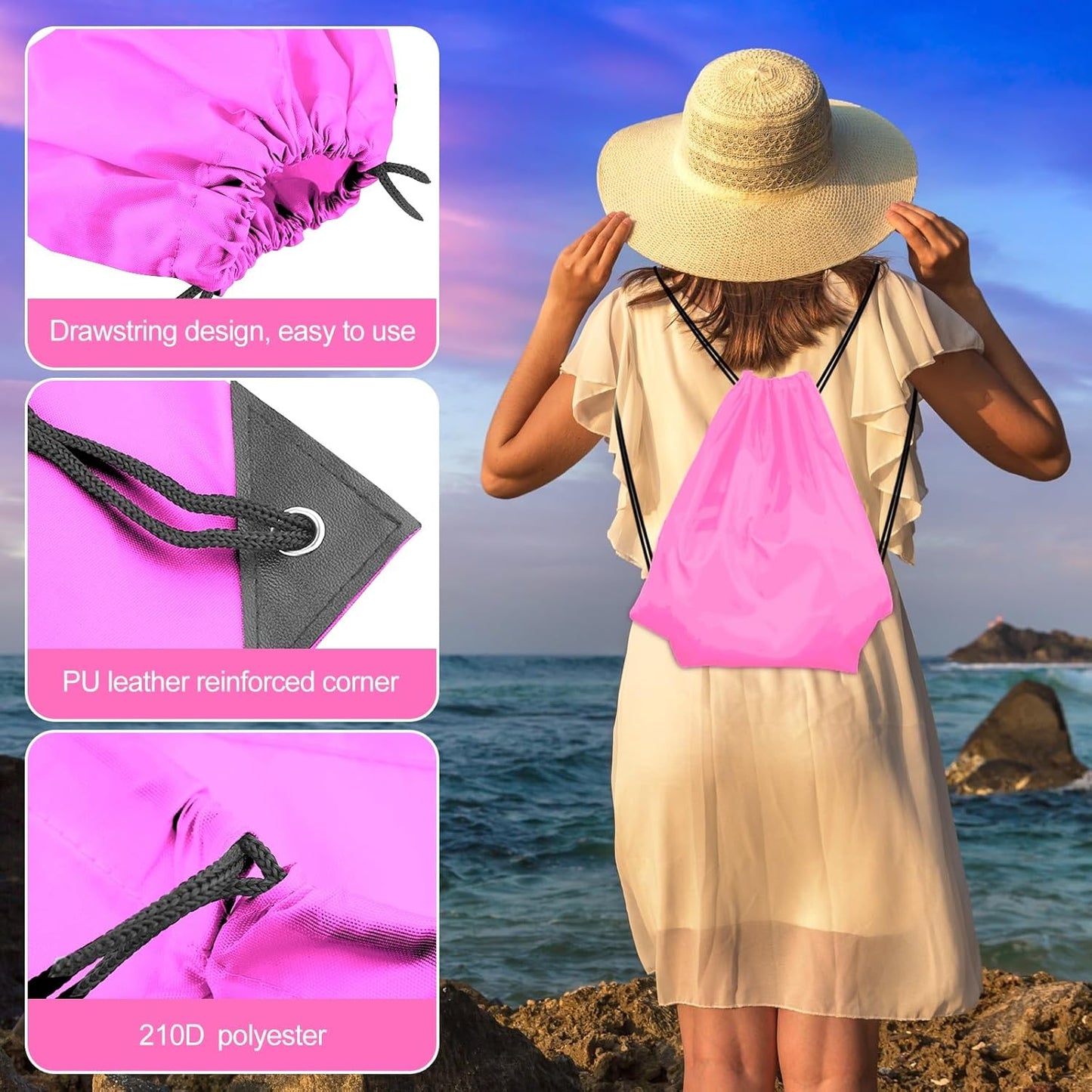 KUUQA 25Pcs Drawstring Backpack Bags Bulk Pink Drawstring Bag Foldable Gym Bag Sport Cinch Sack String Backpack Storage Bags for Women Men Shopping Gym Travel Sports