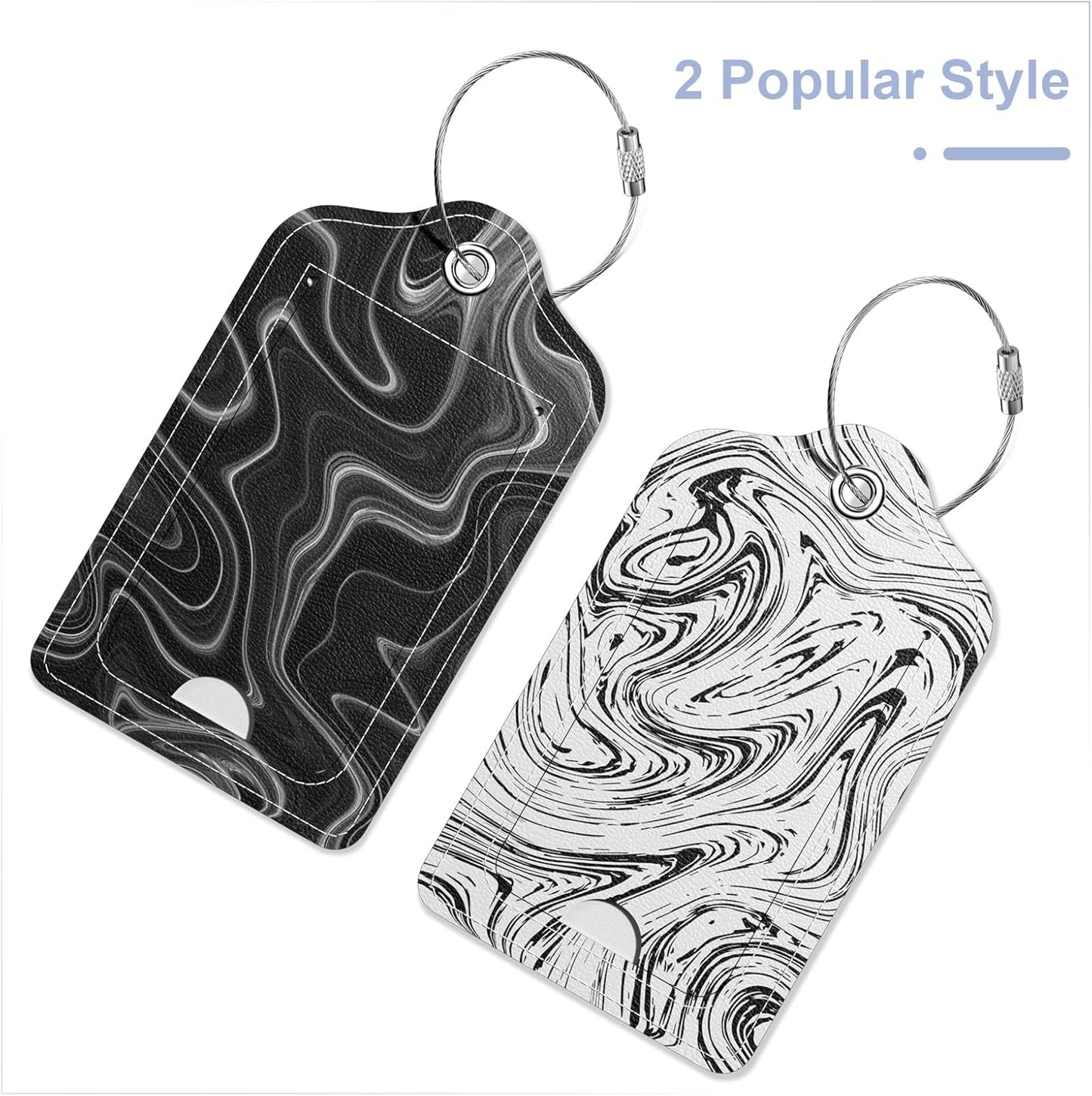 2 Pack PU Leather Luggage Tags for Suitcase, Travel Cruise Luggage Tag with Privacy Flap, Name ID Label and Metal Loop for Women Men Baggage Handbag School Bag Backpack, White Black Marble