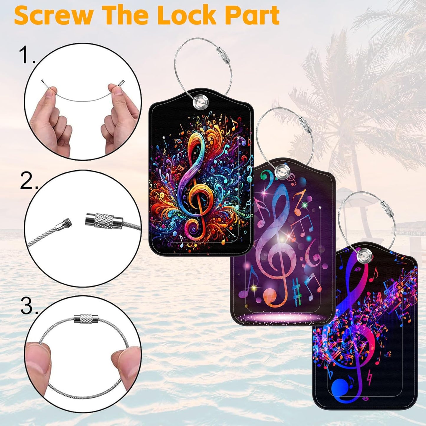 3 Pack PU Luggage Tags for Suitcase, Colorful Music Notes Suitcase Tag Leather Privacy Cover ID Label with Stainless Steel Loop for Baggage Handbag School Bag Backpack