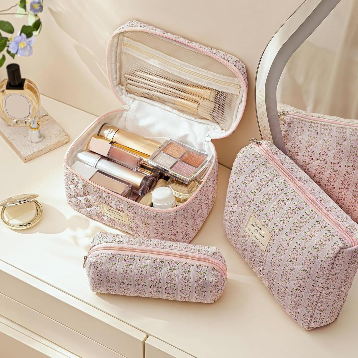 HBselect Quilted Makeup Bag, 3PCS Cotton Large Travel Makeup Bag, Cute Floral Coquette Make up Bag Cosmetic Bag Toiletry Bag for Women Girls