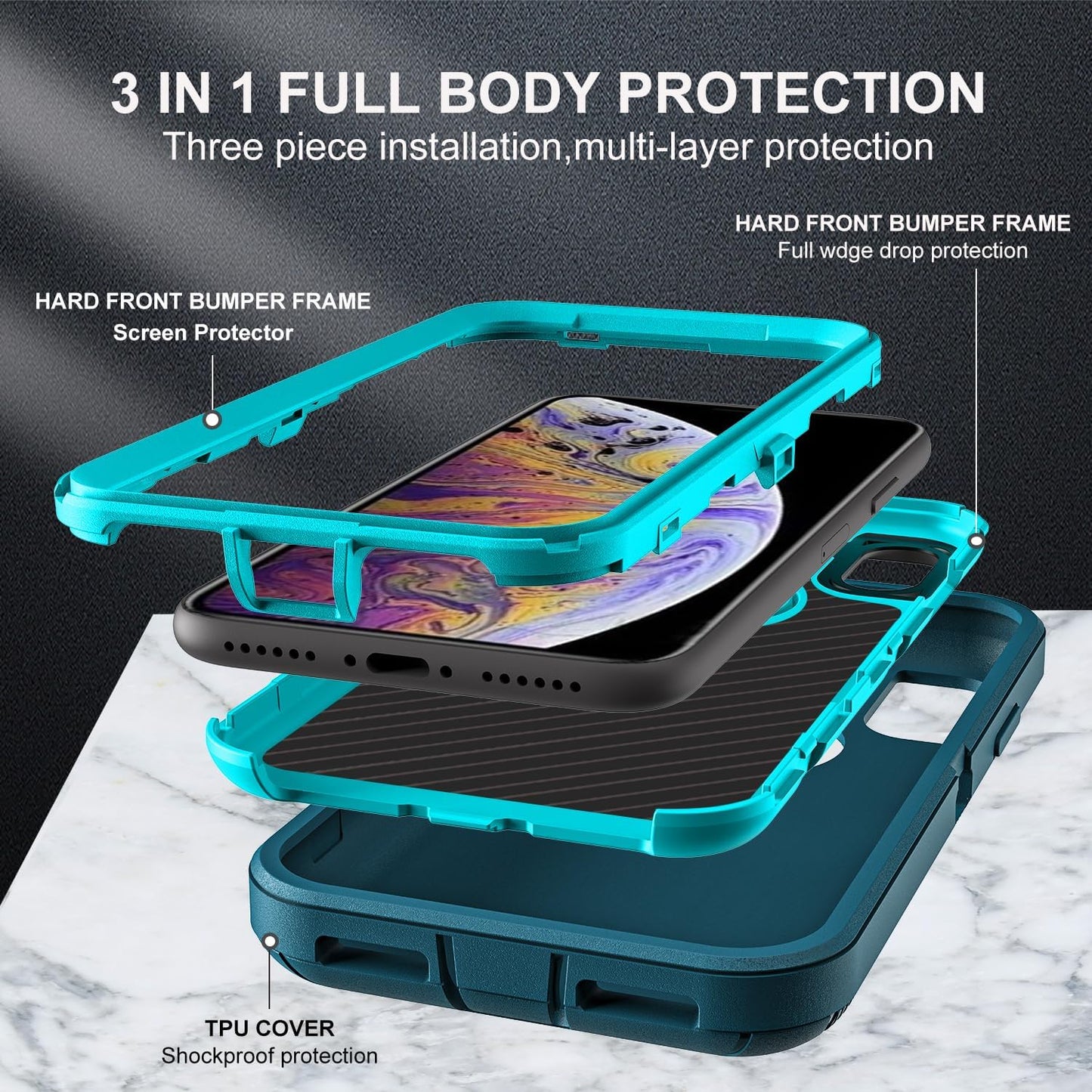 for iPhone Xs Max Case, Military Grade 3 in 1 Heavy Duty Shockproof/Drop Proof/Dust Proof Case with 2Pcs Tempered Glass Screen Protector (Blue/Turquoise)
