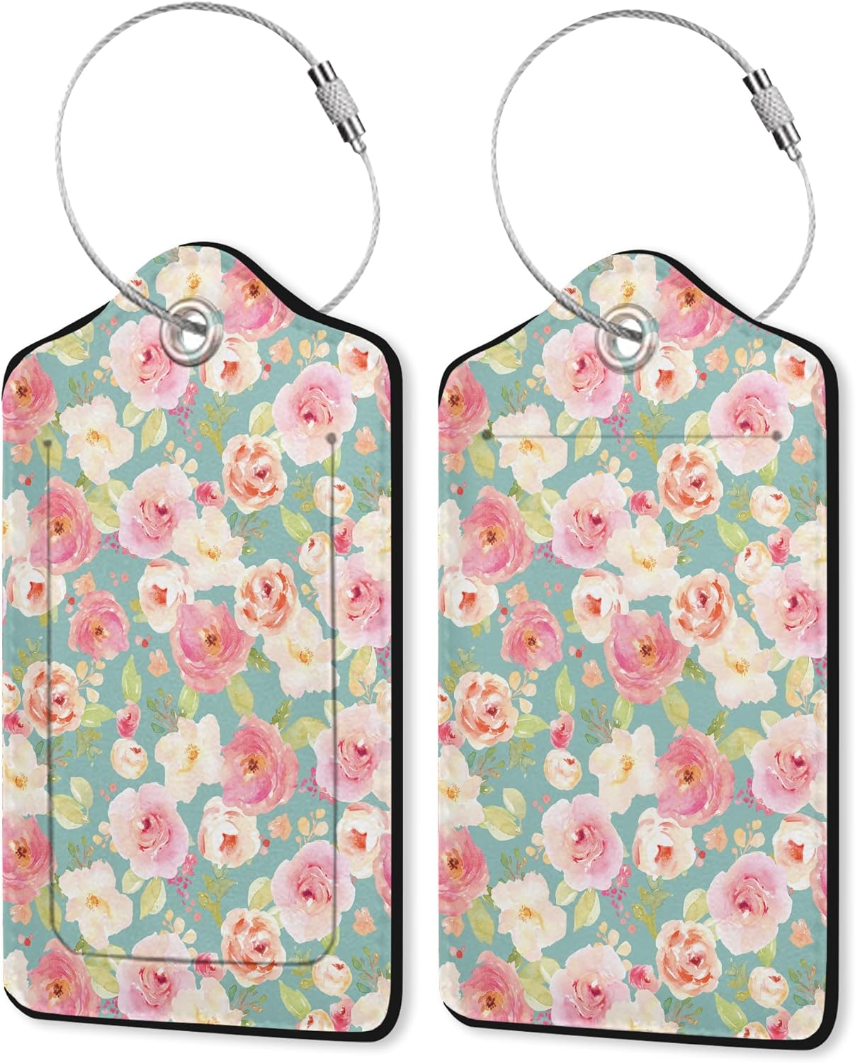 2 Pack PU Leahter Luggage Tag with Stainless Steel Loop,Vintage Rose Flower Luggage Tag Travel Suitcase Labels with Privacy Cover ID Label Quickly Spot for Bags & Baggage