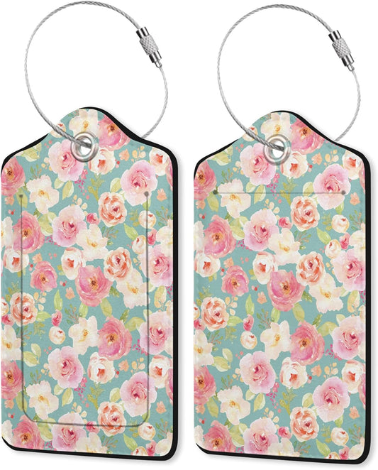 2 Pack PU Leahter Luggage Tag with Stainless Steel Loop,Vintage Rose Flower Luggage Tag Travel Suitcase Labels with Privacy Cover ID Label Quickly Spot for Bags & Baggage