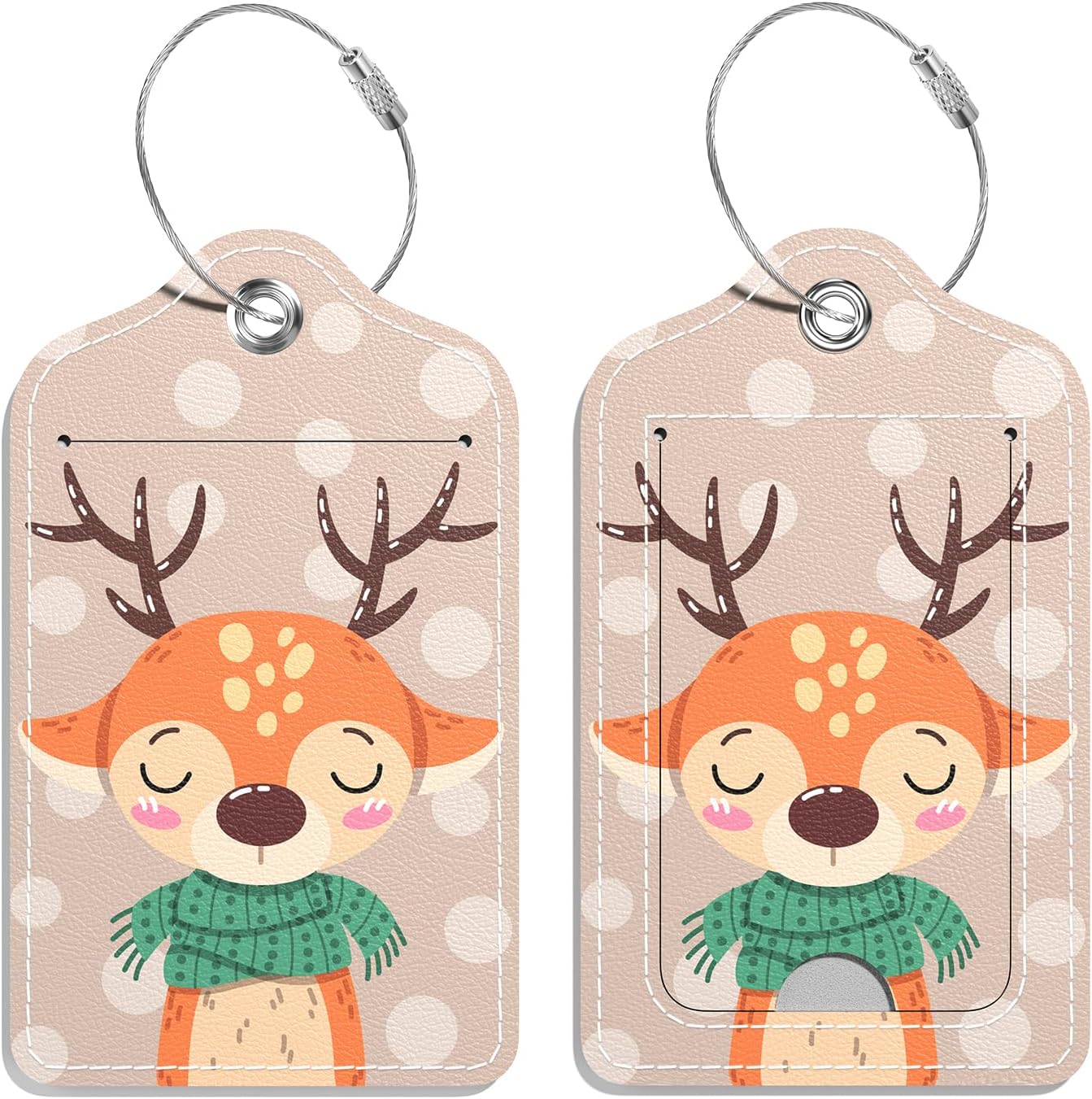 Luggage Tags for Suitcase, 2 Pack PU Leather Travel Cruise Luggage Tag with Privacy Flap, Name ID Label and Metal Loop for Women Men Girls Suitcase Baggage Bag Backpack, Cute Sika Deer