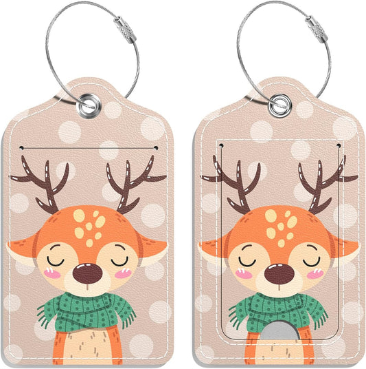 Luggage Tags for Suitcase, 2 Pack PU Leather Travel Cruise Luggage Tag with Privacy Flap, Name ID Label and Metal Loop for Women Men Girls Suitcase Baggage Bag Backpack, Cute Sika Deer