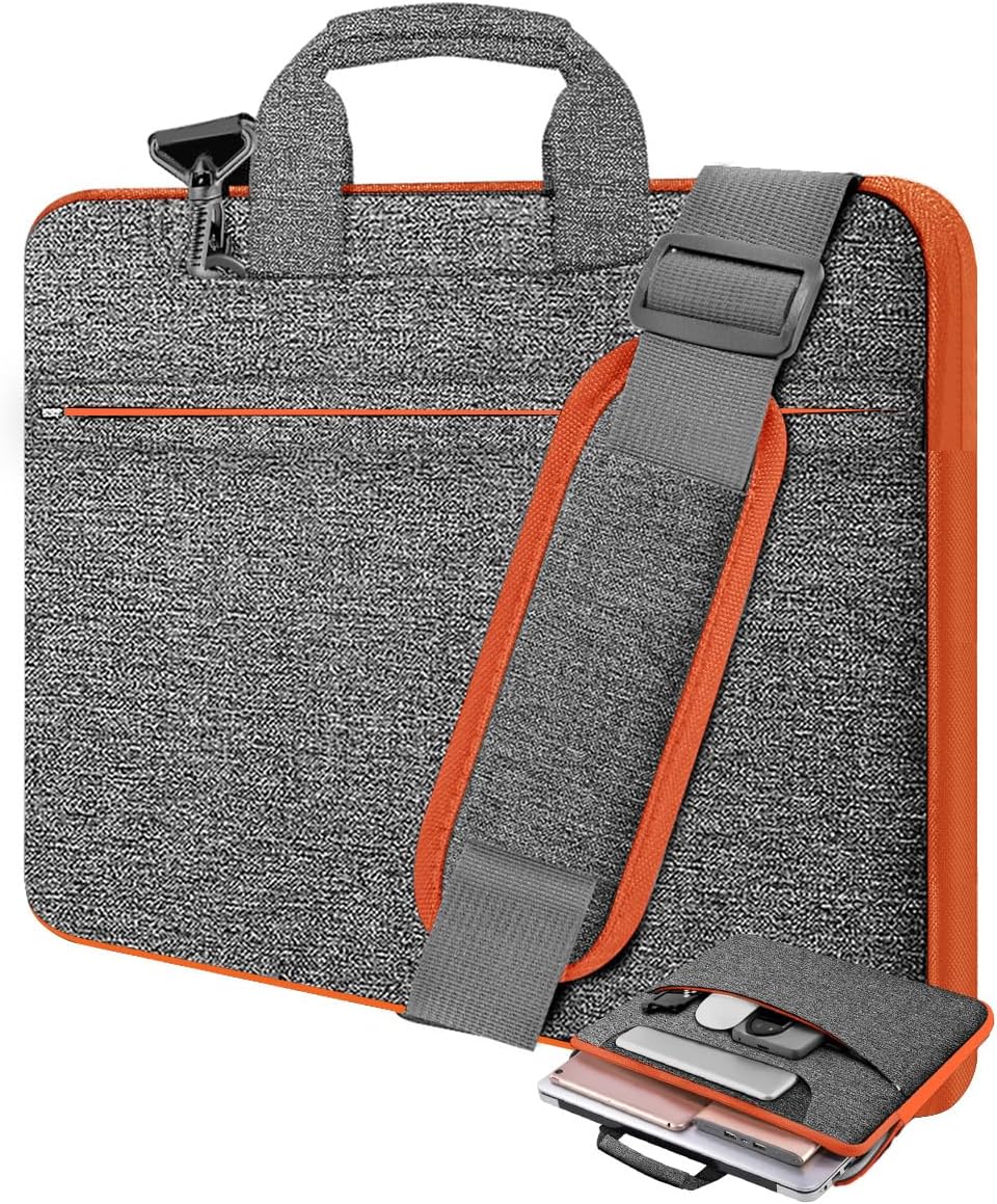 Laptop Case 15.6 inch Shoulder Bag, Durable Shockproof Protective Computer Carrying Briefcase with Multi-Pockets and Strap Compatible with Most 15.6 inch Notebooks,Dark gray-orange