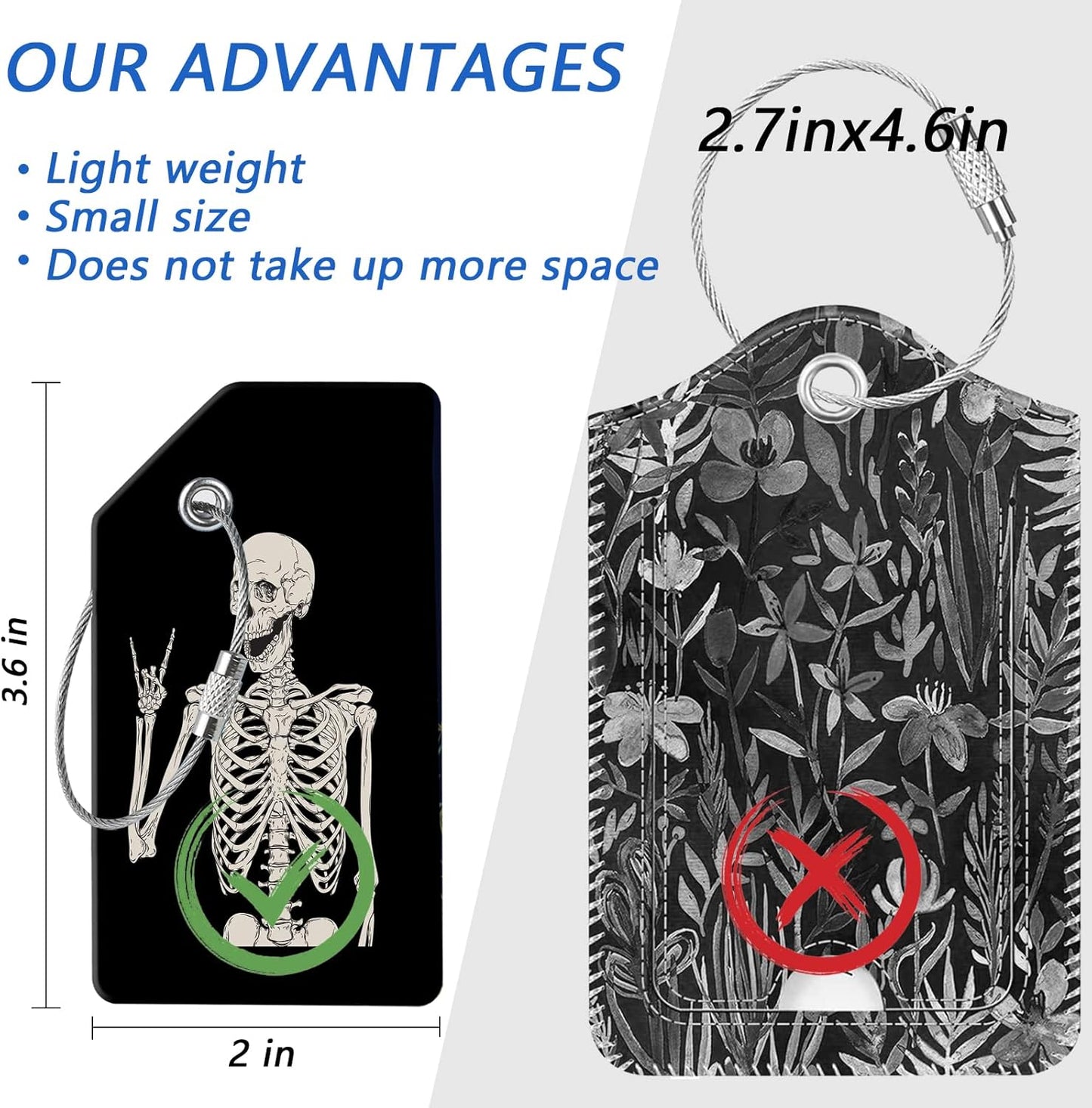4 Luggage Tags, (1" Smaller Than Traditional) Perfect for Quick Luggage Identification with Stainless Steel Ring and Address Card for Travel and Luggage (Skeletons + Encouragement)