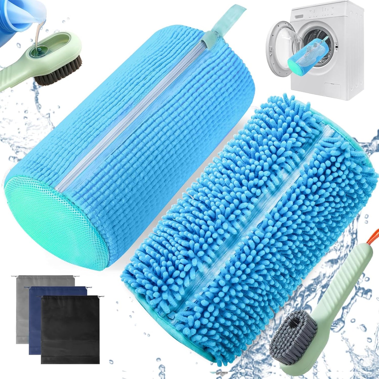 2Pcs Shoe Washing Machine Bag, Durable Laundry Shoe Bag for Washing Machine, Fluffy Fibers 360° Cleaning, Includes Liquid Shoe Brush & Travel Dust Bag, Ideal for Sneakers & Gym Shoes (blue)