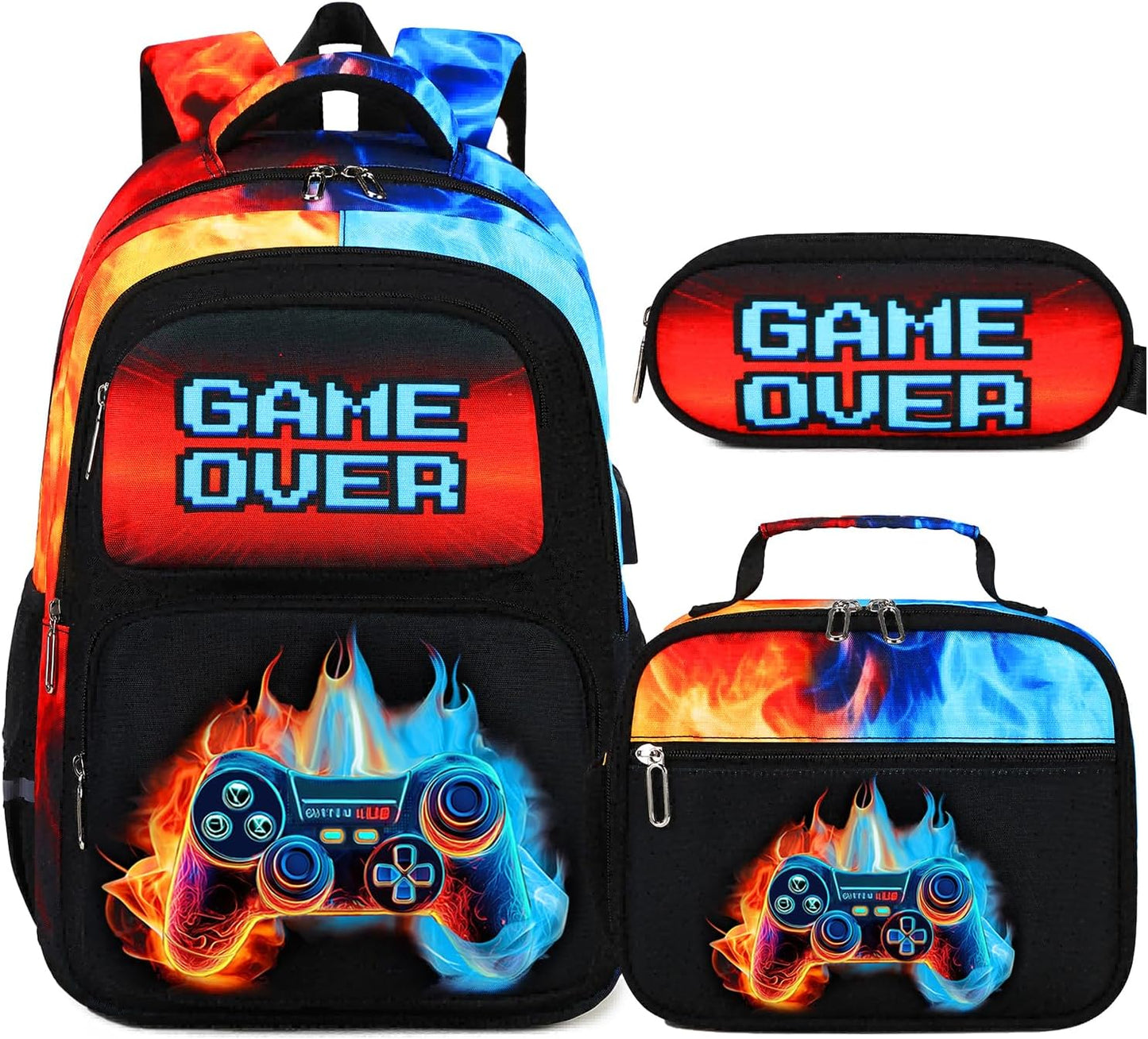 Bevalsa Backpack for Boys, School Bags for Kids, Bookbag for Boys Girls Children Teens Backpacks for Elementary Middle High school Student, Bookbag and Lunch Bag Set with USB Charging Port (Flame)